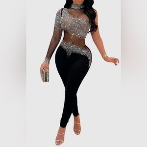 Elegant Black Rhinestone Jumpsuit
